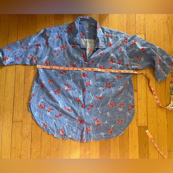 70s Vintage Blue and Red Novelty Bandana Denim Print Top - Picture 5 of 8